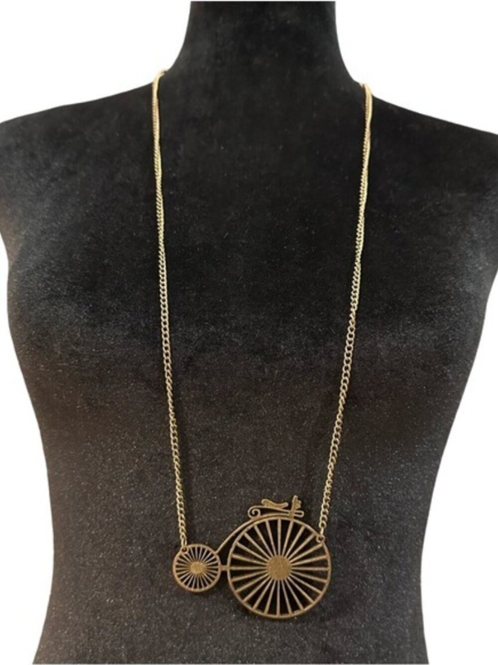 Antique Gold Tone Necklace Bicycle Pendant Long Length 36 Inch